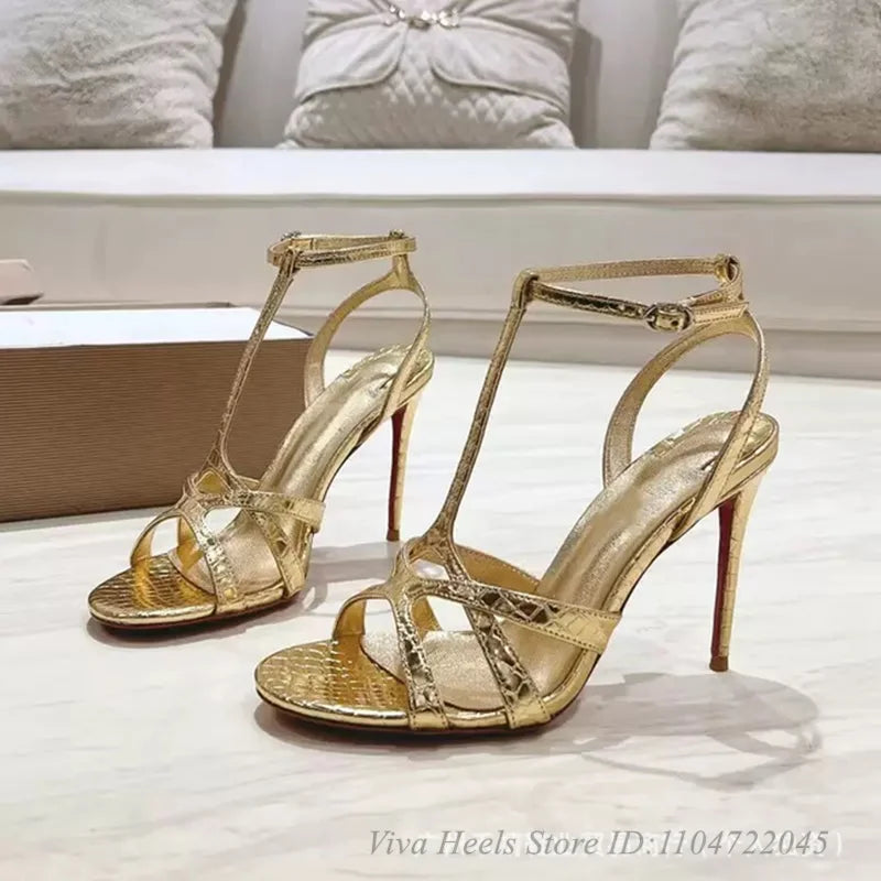Colorful Leather T-strap Open Toe Sandals Women's Sexy Metallic Sliver/Pink High Heels Luxury Designer Fashion Party Shoes