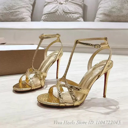 Colorful Leather T-strap Open Toe Sandals Women's Sexy Metallic Sliver/Pink High Heels Luxury Designer Fashion Party Shoes