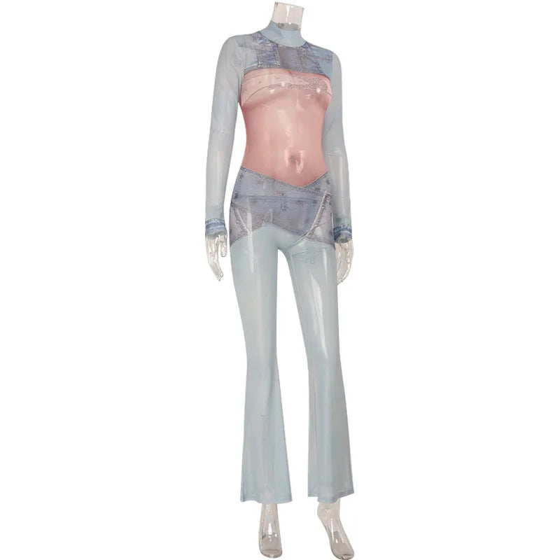 Sexy Denim Print Mesh Jumpsuit Women Chic Sheer Body Silhouette Rompers Elegant Long Sleeve Party Festival Clubwear Outfits 2026
