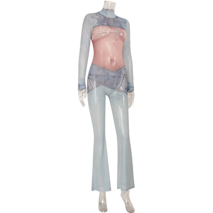 Sexy Denim Print Mesh Jumpsuit Women Chic Sheer Body Silhouette Rompers Elegant Long Sleeve Party Festival Clubwear Outfits 2026