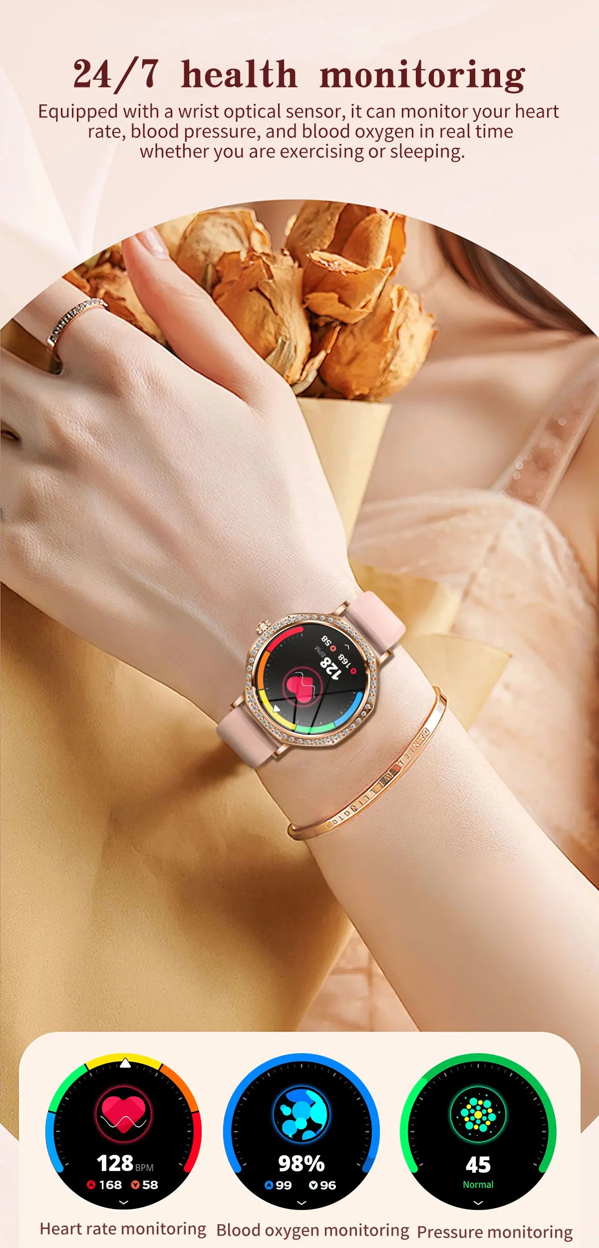 2026 New Ladies' Fashion Smartwatch Diamond Frame HD AMOLED Screen Bluetooth Call Health Monitoring Waterproof Smart Watch Gift