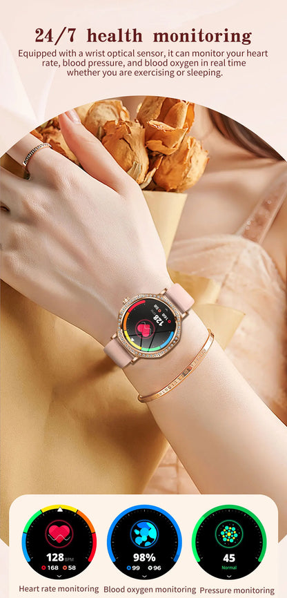 2026 New Ladies' Fashion Smartwatch Diamond Frame HD AMOLED Screen Bluetooth Call Health Monitoring Waterproof Smart Watch Gift