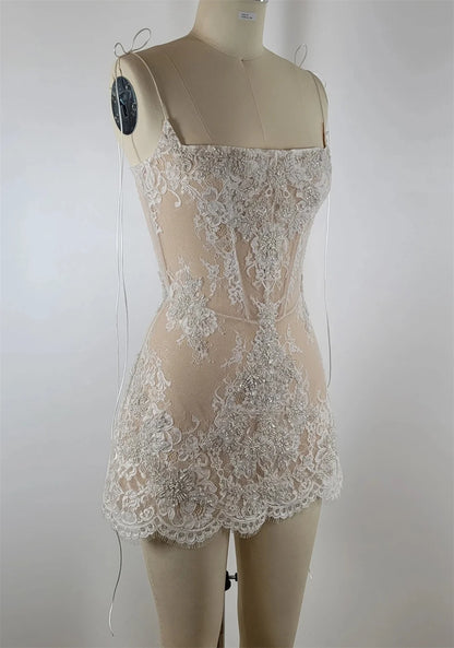 Tokyo Customized White Spaghetti Strap Wedding Dresses Sleeveless Back Lace-Up Bridal Gowns Elegant Mini A-Line Wedding Gowns