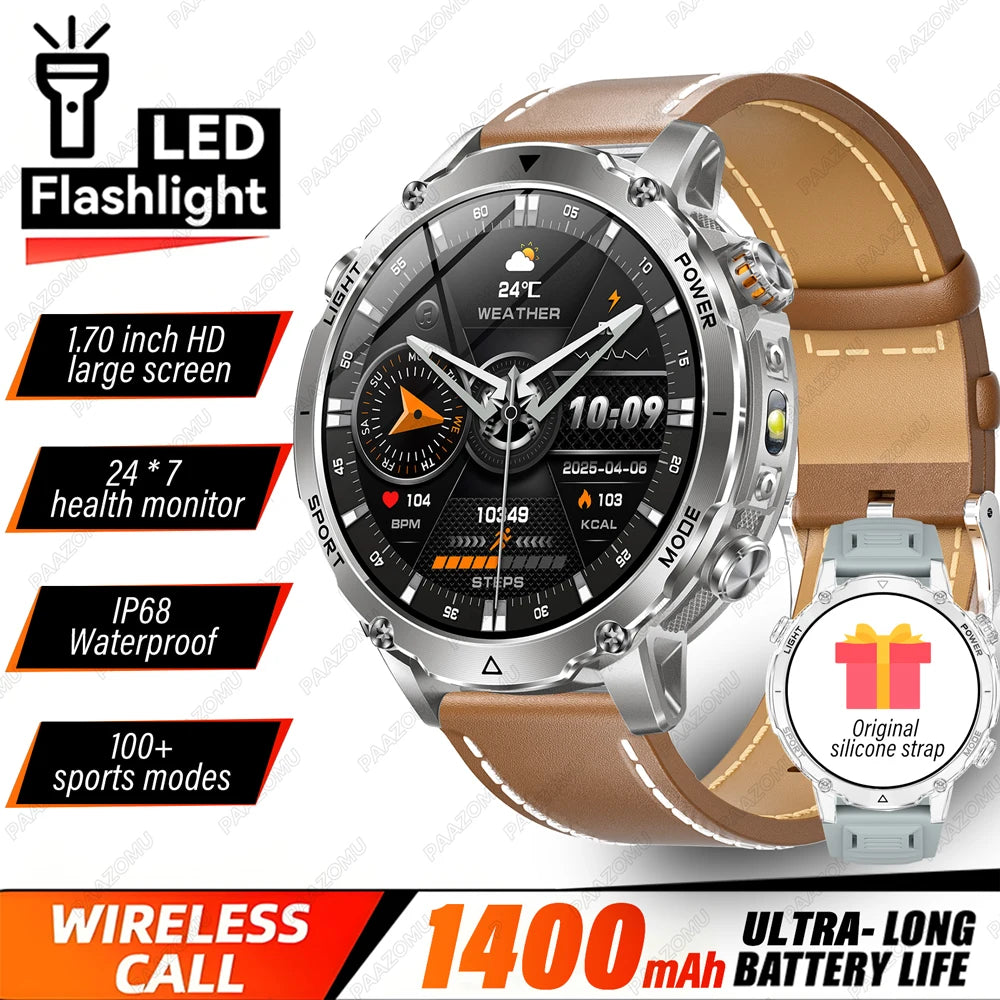 Brand+1400mAh Big Battery Smartwatch Men 1.7" AMOLED 200-Day Standby Swim Diving Waterproof GPS Military Tactical SOS 100 Sports