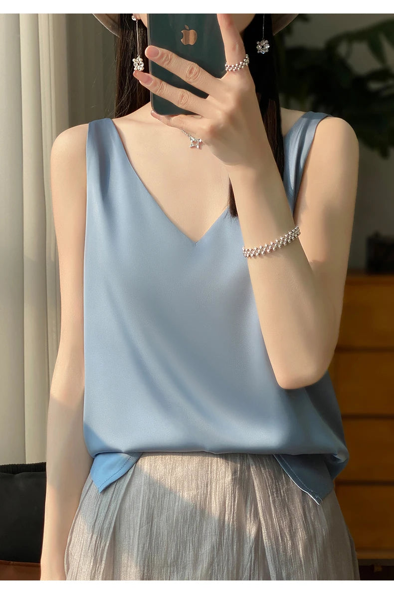 New Lce Silk Satin Camisole Women's Spring/Summer Solid Color Sleeveless Sexy Comfortable Silk Underwear Vest RW-D09