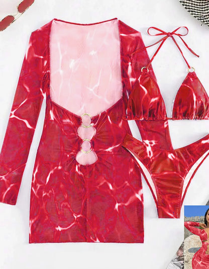 3 Piece Bikini Set Women Swimsuit Halter Cutout Metal Ring Mesh Cover Up Beach Dress Swimwear Bathing Suit