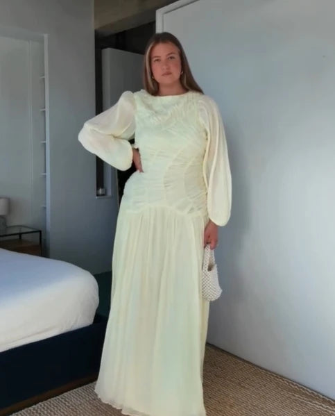 2026 Summer Women's Elegant Pleated Long Dress O-neck Loose Folds Lantern Sleeve Holiday Beach Commute Chic Vestidos