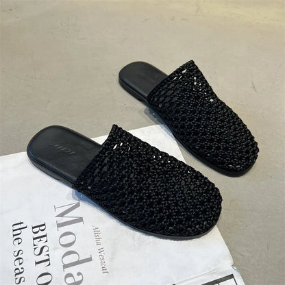 2026 Summer New Woven Flat Sandals Brathable Cover toe Slippers for Casual Outwear Women Hollow-out Casual Knitting Slides