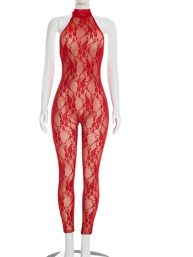 Bonnie Forest Sexy Solid Lace Bandage Skinny Jumpsuit New Women Halter Backless Party Night Clubwear Rompers Outfits