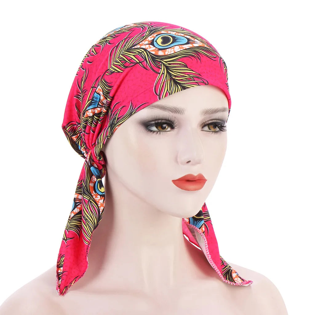 2026 New Trendy Print Muslim Fashion Hijab Turban Bonnet Long Tail Head Wraps Soft Elastic Hijab Hats Chemo Cap For Women Girls