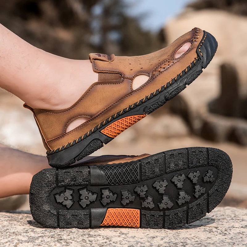 Mens Sandals New Comfortable Slip-on Casual Footwear Plus Size Elastic Soft Sole Lightweight Handmade Leather Walking Sandals