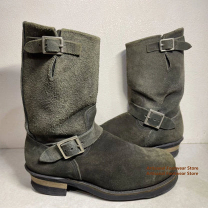 Dark Green Suede Men's Boots Thick Heeled Buckle Strap Motorcycle Boots Knight Boots British Style Trendy Handmade Men's Boots