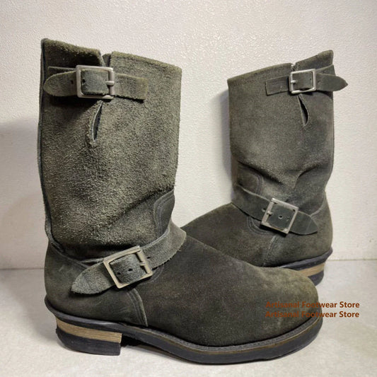 Dark Green Suede Men's Boots Thick Heeled Buckle Strap Motorcycle Boots Knight Boots British Style Trendy Handmade Men's Boots