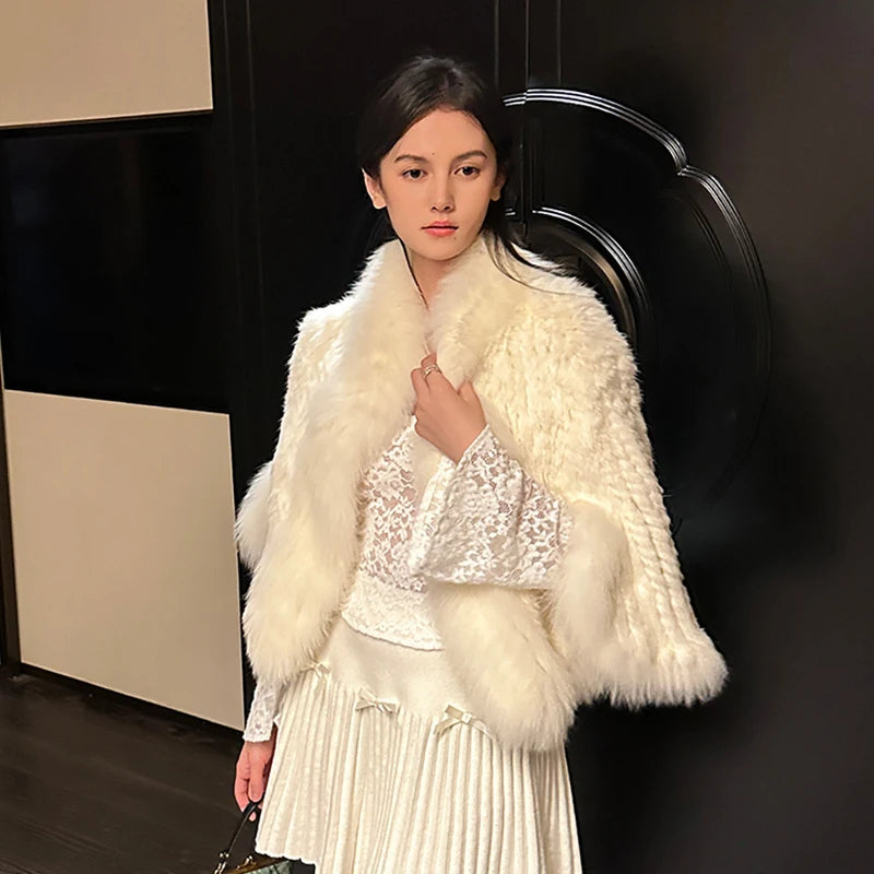 Rabbit Fur Knitted Cape Fox Fur Collar Shawl Autumn Winter Warm Genuine Rabbit Fur Pashmina Women's Rabbit Fur Top Cat Poncho