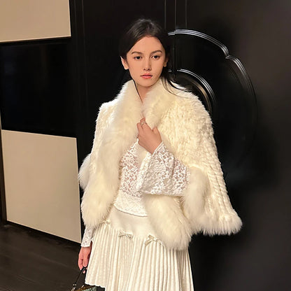 Rabbit Fur Knitted Cape Fox Fur Collar Shawl Autumn Winter Warm Genuine Rabbit Fur Pashmina Women's Rabbit Fur Top Cat Poncho
