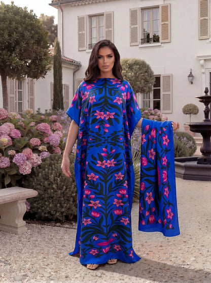 Boho Tropical Floral Leaf Print Satin Abaya Scarf Set, Loose Batwing Maxi Kaftan for Muslim Women Summer Beach Holiday Wear
