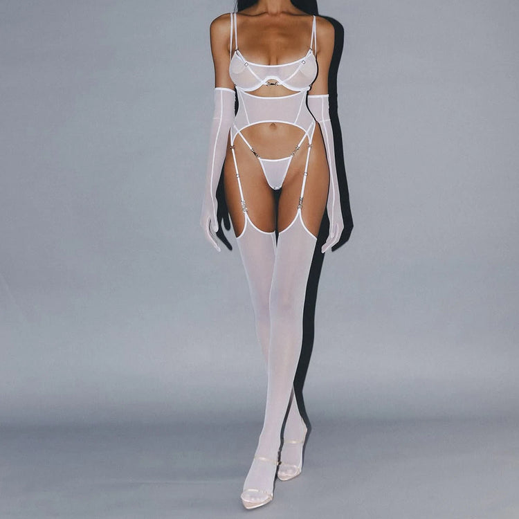 Ellolace Solid Women's Lingerie Sets Seductive See Through Bra Belt Thong 3PC with Gloves Stockings Sissy Sexy Women's Underwear