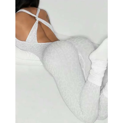 Women Seamless Leopard Print Cross Back Jumpsuit Butt Lifting Yoga Bodysuit High Elastic Workout Fitness Athletic Catsuit