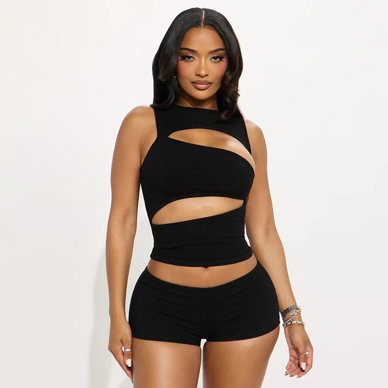 Chic Women Black Round Neck Sleeveless Cut Out Tank Top and Shorts Set for Casual Sexy Party