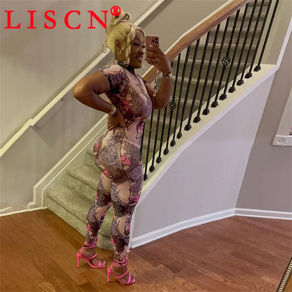 10 Wholesale Items Jumpsuits Women Summer 2025 Short Sleeve Bodycon Sexy Y2k Printing Mesh See Through Backless Rompers K15151