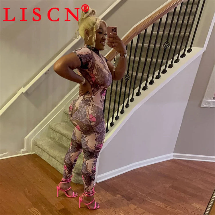 10 Wholesale Items Jumpsuits Women Summer 2025 Short Sleeve Bodycon Sexy Y2k Printing Mesh See Through Backless Rompers K15151