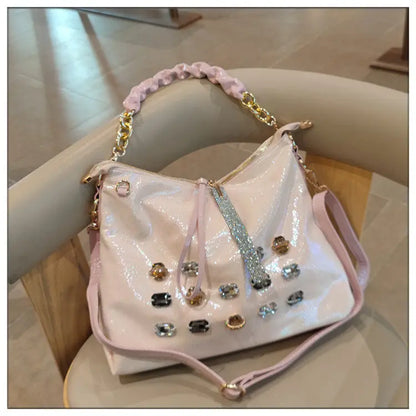 2026 New Fashion Diamonds Women Handbags Genuine Leather Tote Bag Large Capacity Work Commute Leisure Versatile Shoulder Bags
