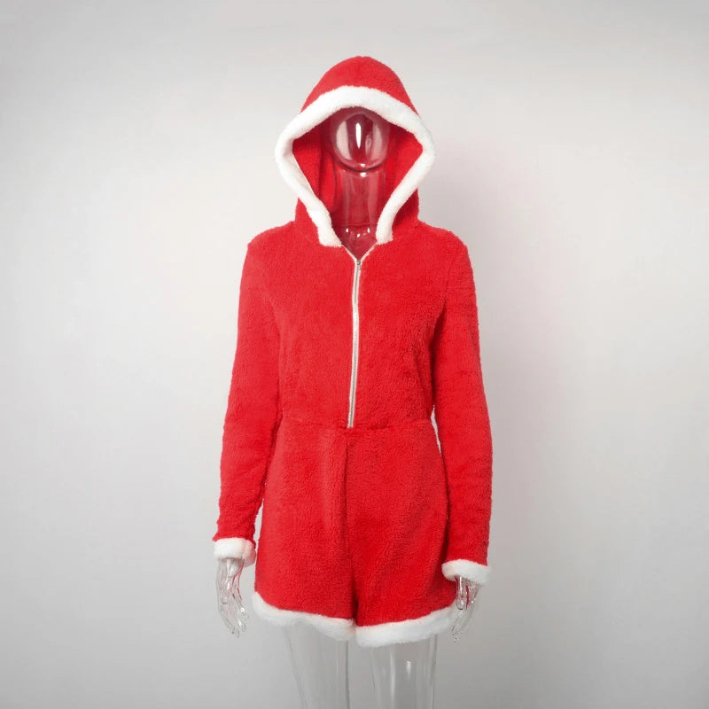 Plush Color Patchwork Xmas Women's Sexy Hooded Playsuits Loose Fitting Front Zip High-waist Home Casual Comfort Romper Sleepwear