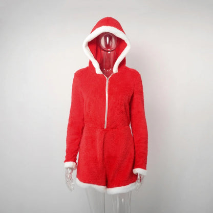 Plush Color Patchwork Xmas Women's Sexy Hooded Playsuits Loose Fitting Front Zip High-waist Home Casual Comfort Romper Sleepwear