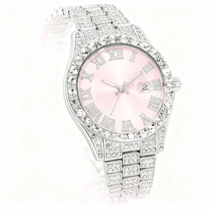 Men Pink Dial Iced Out Watch Jewelry Set Bling Rhinestone Watch Cuban Bracelet Cross Necklace Hip Hop Gift