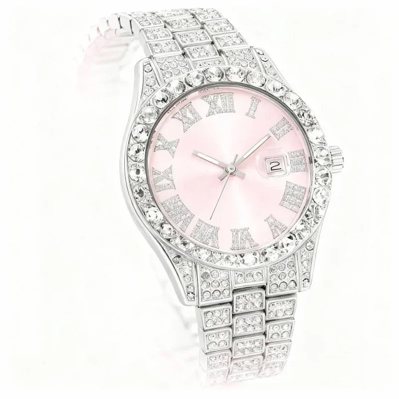 Men Pink Dial Iced Out Watch Jewelry Set Bling Rhinestone Watch Cuban Bracelet Cross Necklace Hip Hop Gift