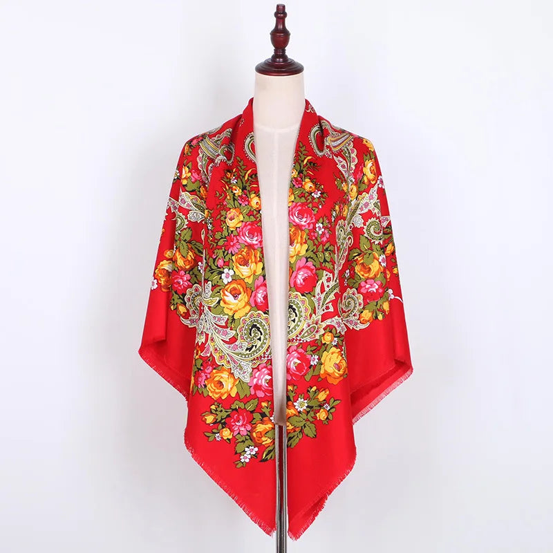 Russian Women Big Size Square Scarf Luxury Floral Print Bandana Wraps Female Retro Short Tassel National Shawl