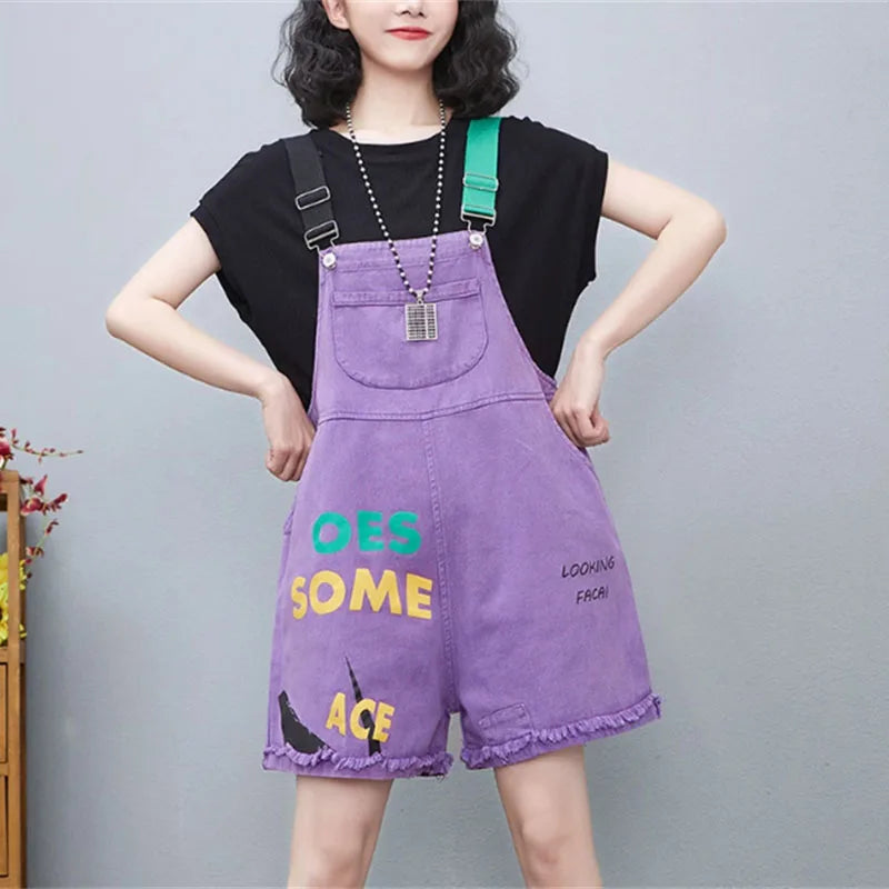 Large Size Letter Printed Jeans Jumpsuit Women New Summer Korean Loose Casual Rompers Wide Leg Denim Short Pants Overalls Pants