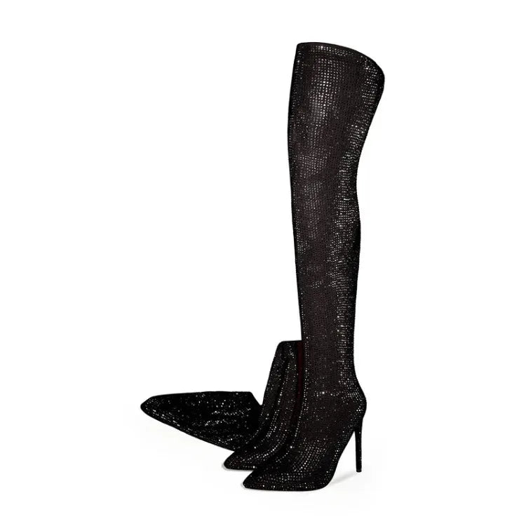 Silver Black Rhinestone 12cm High Heel Long Boots New Fashion Show Shiny Diamond Pointed Women's Over The Knee Boots Size 34-46
