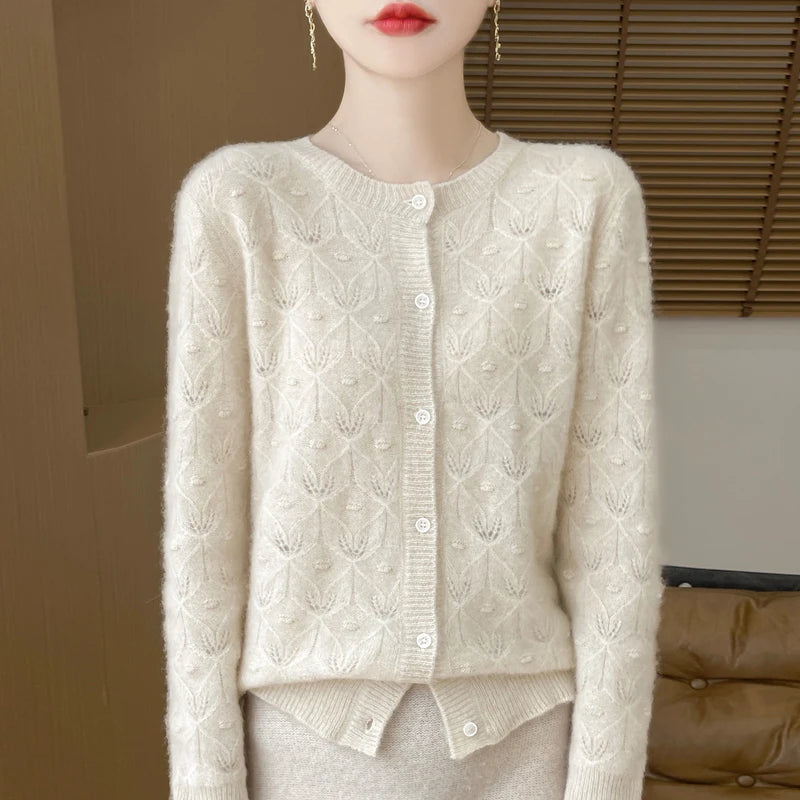 New Autumn Winter Soft Warm Cardigan Woman Cashmere Sweater O-neck Women 100% Merino Wool Sweater Loose Fit Hollow out Top Coat