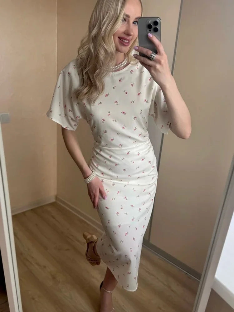 Tossy Floral Print Midi Dress Ruched Dress Round Neck Short Sleeve Fitted Waist Small Flower Print Bodycon Party Clubwear Dress