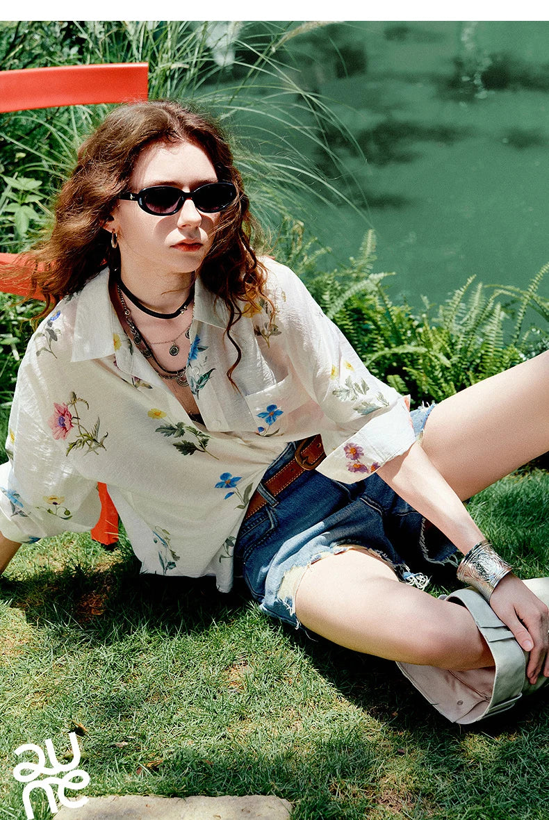 TOYOUTH Women Shirts 2026 Summer New Linen Lyocell Print Fresh Mid Length Floral Blouse Tops