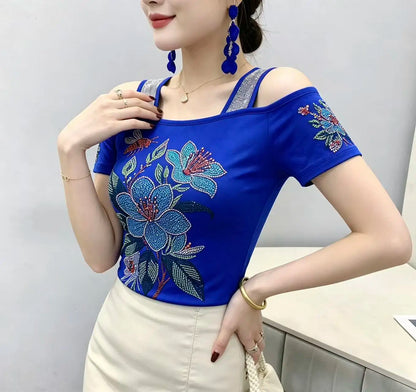 High Quality Elasticity Clothes Fashion T-Shirts Women's Sexy Off Shoulder Shiny Diamonds Mesh Tops Summer Tees Shirt