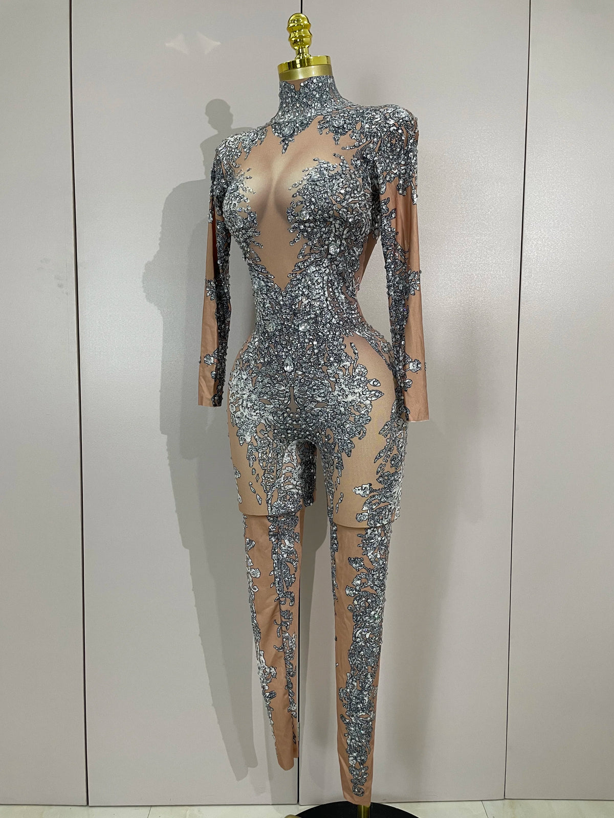 Luxury Sparkly Diamonds Print Long Sleeves Stretch Jumpsuit Evning Party Dancer Nightclub Bar DJ Sexy Stage Performance Costumes