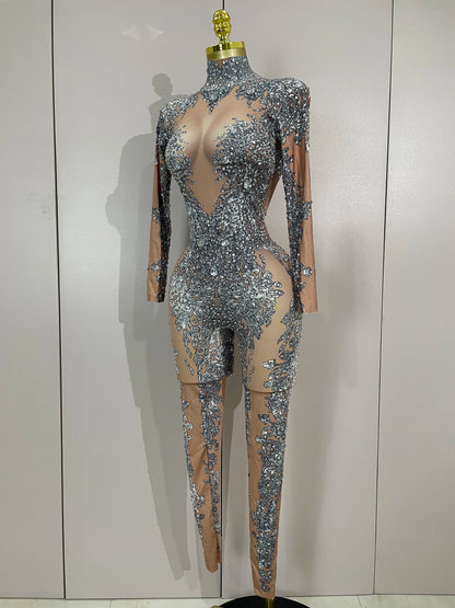 Luxury Sparkly Diamonds Print Long Sleeves Stretch Jumpsuit Evning Party Dancer Nightclub Bar DJ Sexy Stage Performance Costumes