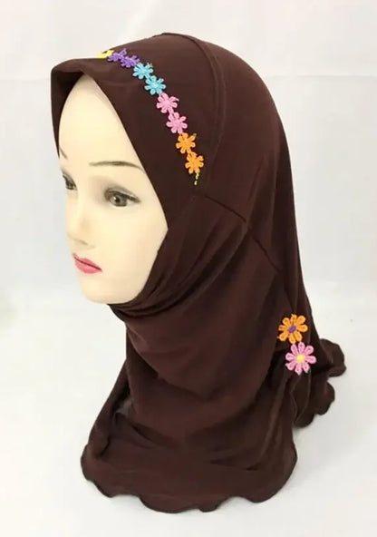 Girls Kids Muslim Beautiful Hijab Islamic Arab Scarf Shawls Flower Pattern