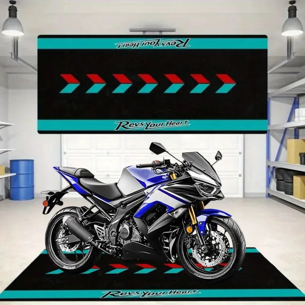 Revs Your Heart Motorcycle Mat Crystal Velvet Anti-Slip Garage Floor Mat for Motorbike Parking, Oil Absorbent, Home Garage Decor