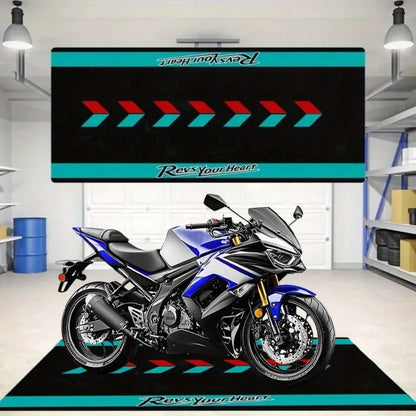 Revs Your Heart Motorcycle Mat Crystal Velvet Anti-Slip Garage Floor Mat for Motorbike Parking, Oil Absorbent, Home Garage Decor