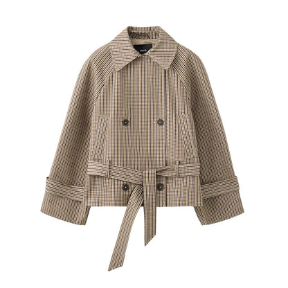 Plaid Short Trench Coat Women Lapel Collar Double Breasted Belted Waist Long Sleeve Loose Jacket 2026 Autumn Casual Chic Coats