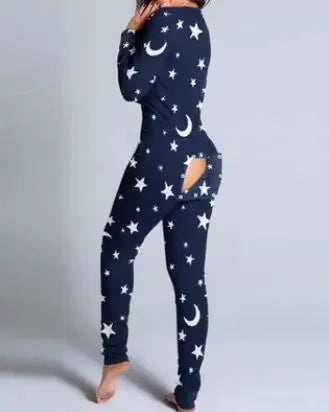 Adult Long Sleeve Pajamas Button Flip Cover Women's 1Piece Loungewear Butt Button Back Flap Jumpsuit Sleepwear Romper Home Wear