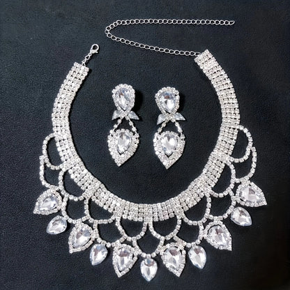 Fashionable Ladies' Exaggerated and Exquisite Handmade Rhinestone Necklace Earring Set, Bride's Dance Dress Jewelry Accessories