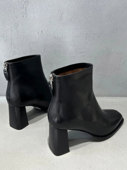 Concise Female Genuine Leather Square Toe Chunky Heel Ankle Boots Versatile Solid Color Cowhide Zipper Hard Wearing Footwear