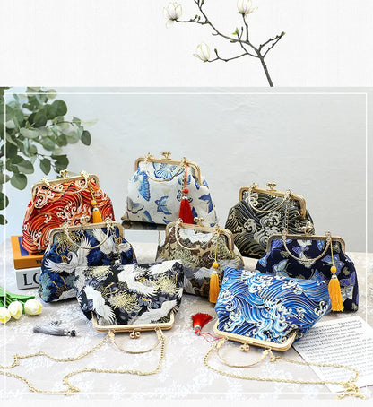 Fashion Vintage Fringe Bag Small Shell Bags Chain Women Shoulder Crossbody Bag Crane Flying Women's Handbags Purses Embroidery