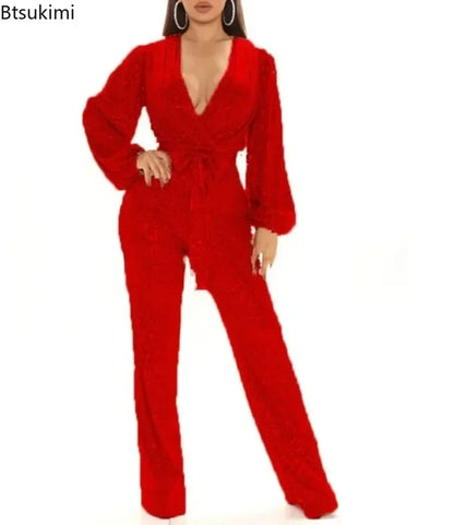 2026 Women's Elegant Sequined Jumpsuit Spring Summer Ladies Bling Bling V-neck High Waist Rompers Overalls with Lantern Sleeve