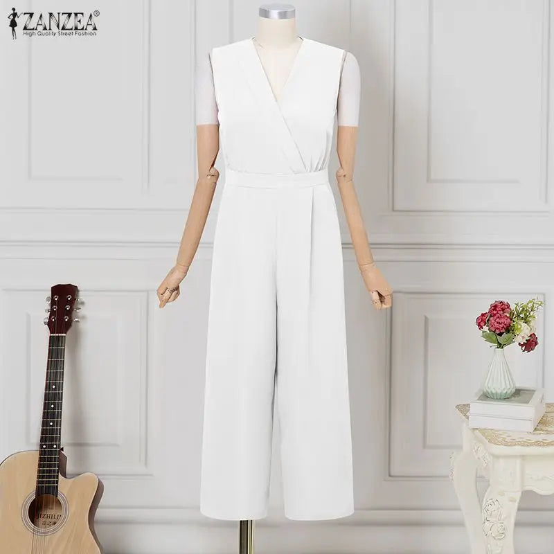 ZANZEA Women Jumpsuits Solid Sleeveless V Neck Rompers Elegant Office Ladies Clothing European Bottoms Pockets Casual Overalls