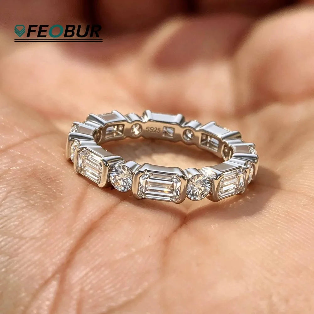 3mm Round Emerald Cut Moissanite Full Eternity Ring for Women S925 Silver Bezel Lab Diamond Promise Wedding Band Fine Jewelry